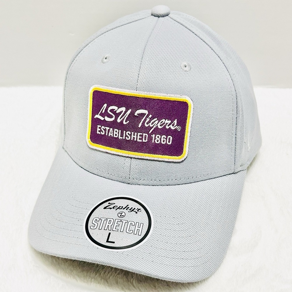 Zephyr LSU Tigers Script Patch Hat Cap Stretch Flex Large Light Gray NCAA